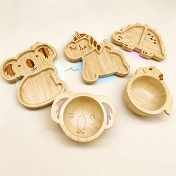 Reusable Food Grade Cartoon Animal Shape Bamboo Children Tableware Silicone Suction Bowl...