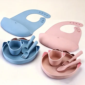 Cartoon Food Grade Silicone Newborn Baby Feeding Gift Set Spoon Bib Bowl Plate Custom Logo...