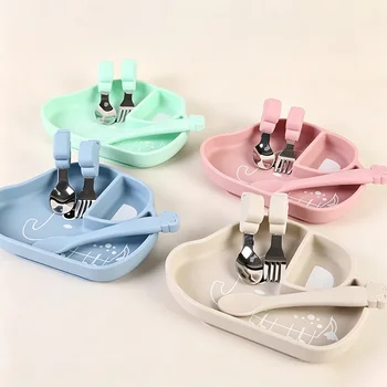 High Quality Food Grade Silicone Baby Spoon Fork Set Infant Training Utensils Kids Silicone...