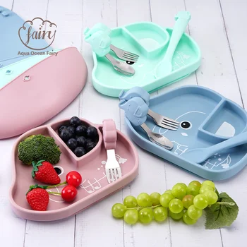 Wholesale Custom Logo Food Grade Silicone Baby Feeding Gift Set Spoon Fork Suction Bowl...