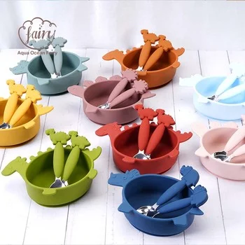 Baby Bowls Feeding Set Silicone Non-slip Baby Feeding Dinosaurs Shape Bowl Reusable Food...